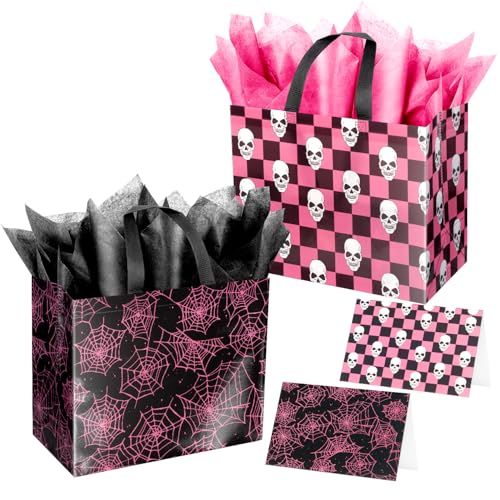 ysmile Halloween Skull Net Gift Bag with Tissue Paper for Men Women Boy Girl 12.6 2 Pack Black Pink