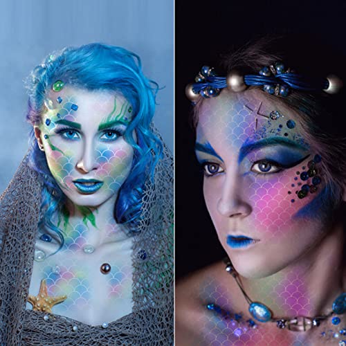 Image of 9 Pieces Mermaid Scale Stencil - Reusable Mermaid Face Makeup Stencils Fish Scale Templates and 4 Pcs Eye Makeup Brushes - Women Girl Cute Make Up DIY Tool Set