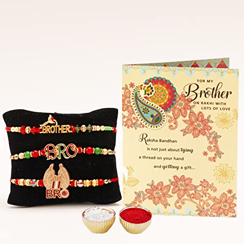 Image of ARCHIES Rakhi for Brother Rakshabandhan Combo of 3 Party Bhai Rakhis With 1 Roli & Chawal Set-10gm & Greeting Card (Pack of 5) for Bhaiya|Bro|Bhai