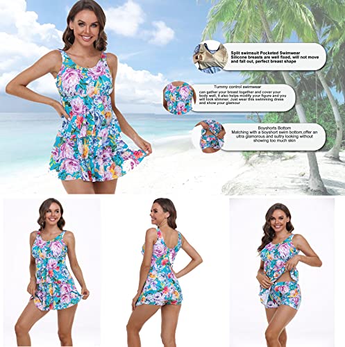 BIMEI Two Piece Tankini Pocketed Swimwear Mastectomy Swimsuit for Women Bathing Suits Floral Print with Boyshorts 22-0013