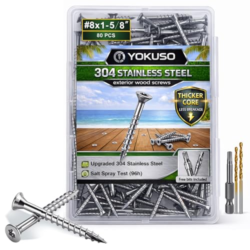 Image of #8 x 1-5 /8 inch Stainless Steel Wood Screws - 304 Stainless Steel Exterior Deck Screws (80 PCS), Corrosion & Rust Resistant, T20 Torx Flat Head for Outdoor Wood,Fence & Marine (3 Driver Bits Included)