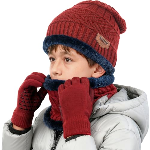 Image of Kids Winter Hat Scarf&Touchscreen Gloves Set,Knitted Beanie with Fleece Lining, Neck Warmer for Boys Girls 4-15 Years
