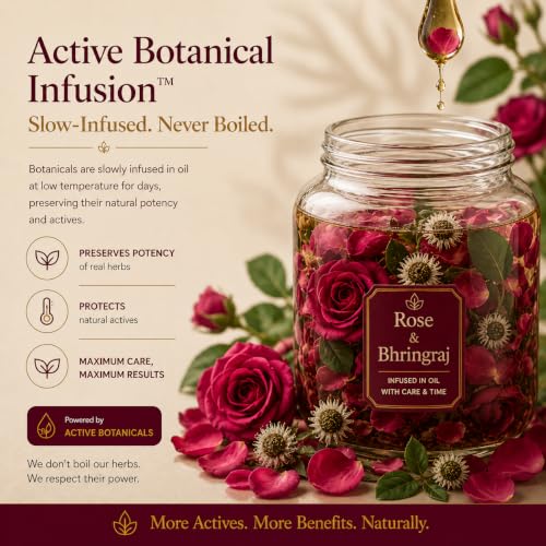 Image of Rose & Bhringraj Prevents Premature Greying | Herbal Hair Oil (works like a serum) for Men & Women | Maintains Natural Hair Colour | with Real Rose Petals | Bhringraj oil | Real Non-Sticky, Real Lightweight, Fast Absorbing Oil Serum - 180ml