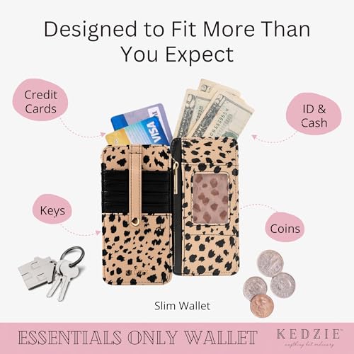 Image of KEDZIE Essentials Only Women's Zippered Wallet in Vegan Leather Small Card Holder Wallet Exterior ID Window - Feline Cute