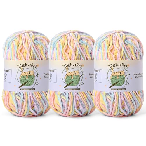 Image of 3 Pack of 300g (590yds) Fuzzy Chenille Yarn for Crocheting,Fluffy Amigurumi Crochet Yarn for DIY Craft /Hat /Clothes, Soft Velvet Baby Blanket Yarns (3 Macaron)