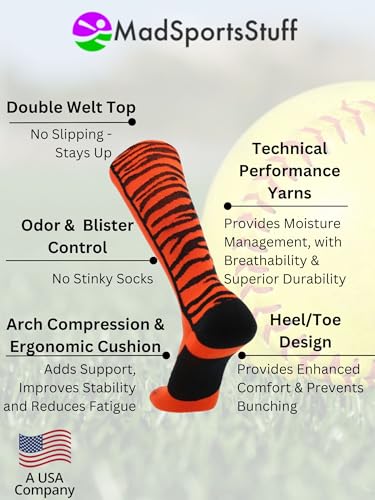 MadSportsStuff Crazy Socks with Safari Tiger Stripes for Softball Baseball Boys Girls Women Men Youth Adult Kids Over Calf3