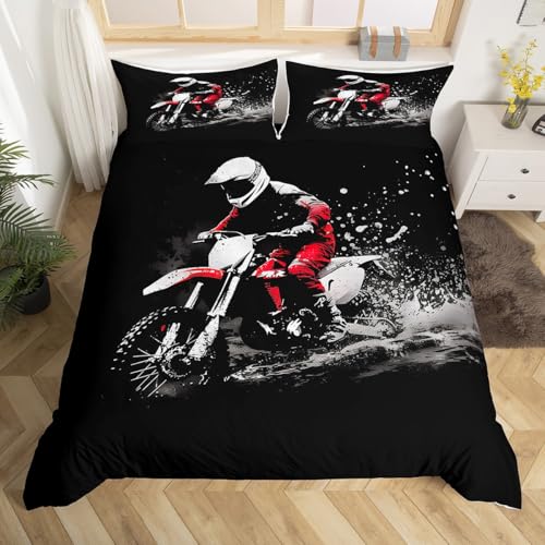 Feelyou Dirt Bike Bedding Set Queen Size Extreme Sports Duvet Cover Ultra Soft Racing Themed Comforter Cover Set for Kids Boys Girls Motorcycle Bedspread Cover Room Decor Motorbike (No Comforter)