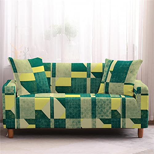 Stretch Sofabezug - Grün Gelb Karo Geometrische Stretch Couch Abdeckungen All-Inclusive Wrap Möbel Protektoren Abdeckung Wohnzimmer Sofa Abdeckung1/2/3/4 Sitzer Sofa Slipcovers, 2Sitzer 145,185Cm Cover