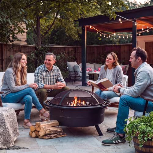 Image of SUNCREAT 42 inch Outdoor Portable Fire Pit with Spark Screen, Fire Poker, Wood Burning Patio Fire Pits with Protective Ring, Black