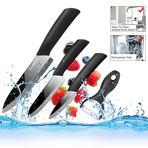 Ceramic Knife Set With Sheaths - Super Sharp & Rust Proof & Stain Resistant Ceramic Chef Knife, 6" Chef Knife, 4" Utility Knife, 3" Paring Knife, 1 Peeler (Black)