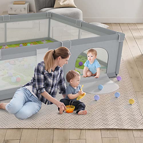 Baby Playpen 79" X 71", LUTIKIANG Play Yard for Babies and Toddlers with Mat, Safety Extra Large Baby Fence Area, Indoor & Outdoor Kids Activity Play Center with Anti-Slip Suckers and Zipper Gate.