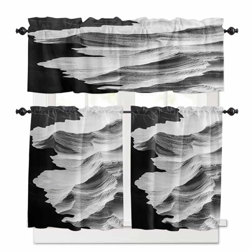 White Ocean Kitchen Curtains 36 Inch Length, 3 Piece Rod Pocket Small Half Tiers and Valance Set, Black Beach Coastal Modern Minimalist Small Large Window Treatment Decor for Bedroom/Bathroom Sink