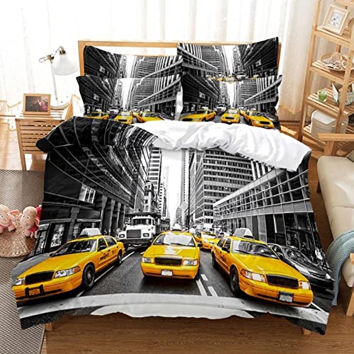 3 Pièces Housse De Couette, -- Taxi de l'heure de New York -- 3D Imprimé Housse Couette et Taie d'oreiller pour Ado Enfant 220X260CM