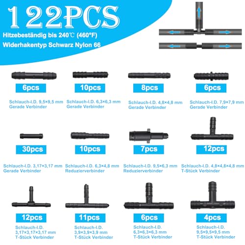Silikon-Vakuumschlauch 2M 6 Stück mit Nylon-Verbindern 12 Größen122 Stück | Innendurchmesser 3/4/5/6/8/10mm | Hochleistung 130PSI | Für Luft und Wasser | Schwarz