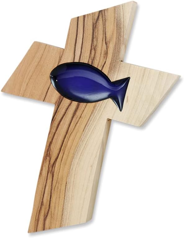 MaMeMiWooden cross made from olive wood with a blue fish