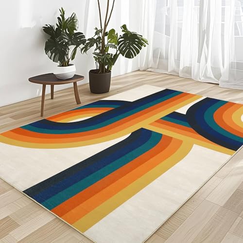 4x6 Modern Minimalist Line Pattern Area Rug, Stylish Thin Carpet, Versatile and Elegant Design, Easy to Clean for Living Room, Bedroom, Entryway, Office - Blue&Orange