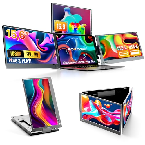 ROADOM 15,6 Zoll Triple-Monitor Tragbar – Metallgehäuse, 3/4-Bildschirm-Erweiterung, 360° Drehbar, Faltbar, Type-C & USB 2.0/3.0, 1080P FHD IPS, Windows/Mac/Android/Linux Kompatibel