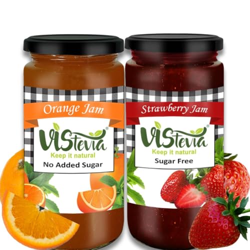 Image of Vistevia Sugar Free Strawberry and Orange Jam, Diabetic and Keto Friendly - Sweetened Naturally with Stevia, More Than 60% Fruit Content - Tastes Delicious - Pack of 2 (400 * 2 GM)