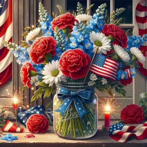 wavaiov 5D Diamond Painting Kits for Adults Beginners American Flag Flower Full Round Drill Diamond Art Kits Independence Day Gem Art Paint by Diamonds Dots Crafts Kits for Home Decor 12x12Inch