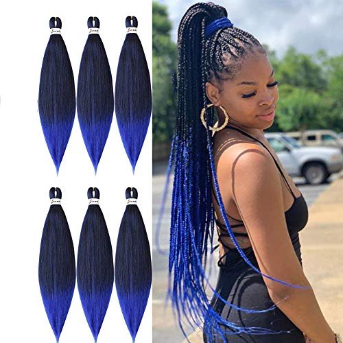 26"-6Packs/Lot Ombre Color Pre-stretched Braiding Hair Extensions Easy Braid Professional Itch Free Synthetic Fiber Corchet Braids Hair(#1B/Blue)