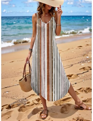 Image of Zeagoo Women's Casual Sundress Summer Maxi Sleeveless V Neck Split Boho Beach Dress Travel Vacation Dress with Pockets