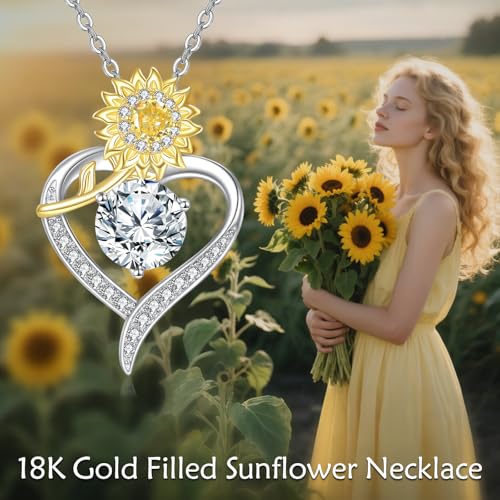 18kt Gold Over 925 Sterling Silver Sunflower Necklace Heart Sunflower Pendant 18k Gold Plated Sunshine Jewelry Birthday Gifts For Women Wife Mother4