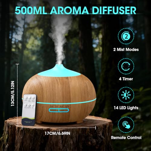 500ML Aroma Diffuser für Ätherische Öle, Aromatherapie Öle Diffusor mit Fernbedienung, 4 Timer, 7 Farben, 2 Sprühbilder, BPA Free Ultraschall Luftbefeuchter Schlafzimmer, Büro, Spa - Gelb