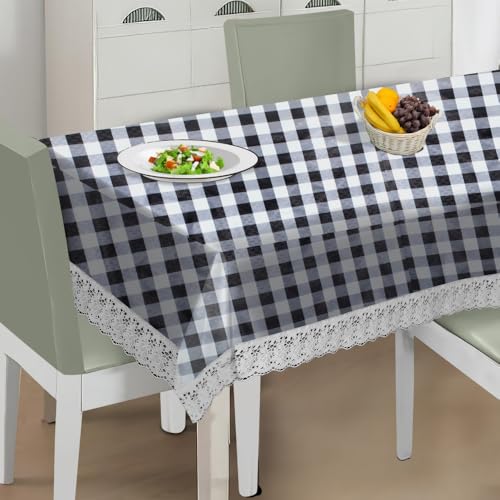 Image of The Furnishing Tree Waterproof PVC Rectangle Shaped 10 Seater Table Cover WxL 60x120 inches Gingham Pattern Black & White with White Border lace