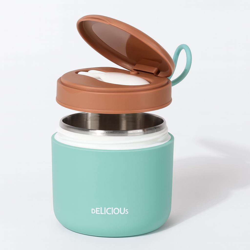 YELONA Stainless Steel Lunch Pot for Meals, Lunch, Tiffin Box for Men, Women, Kids Leakproof Meal Jar with Foldable Spoon for Office, School, College- Sky Blue, 430 ML