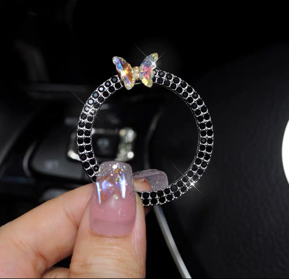 Car Bling Crystal Rhinestone Emblem Car Accessories - Car Push Start Button Cover/Sticker, Key Ignition Knob Bling Ring, Bling Car Interior Accessories for Women - Black Butterfly