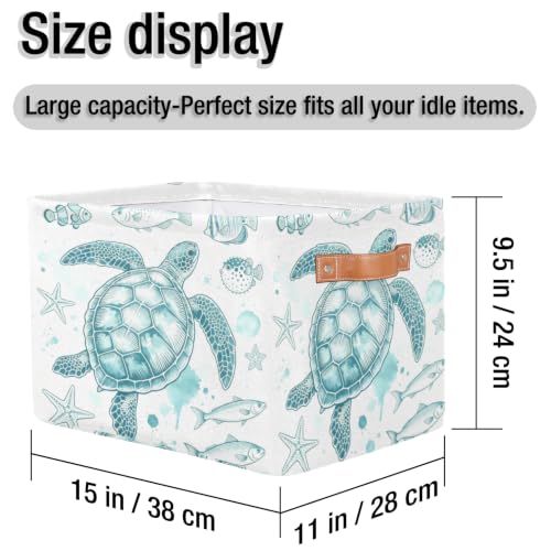 Image of Ocean Fish Square Storage Basket, Sea Turtle Fabric Storage Bin with Leather Handles Collapsible Storage Bin Nursery Hamper for Organizing Toys, Clothes, Books, Gift Baskets
