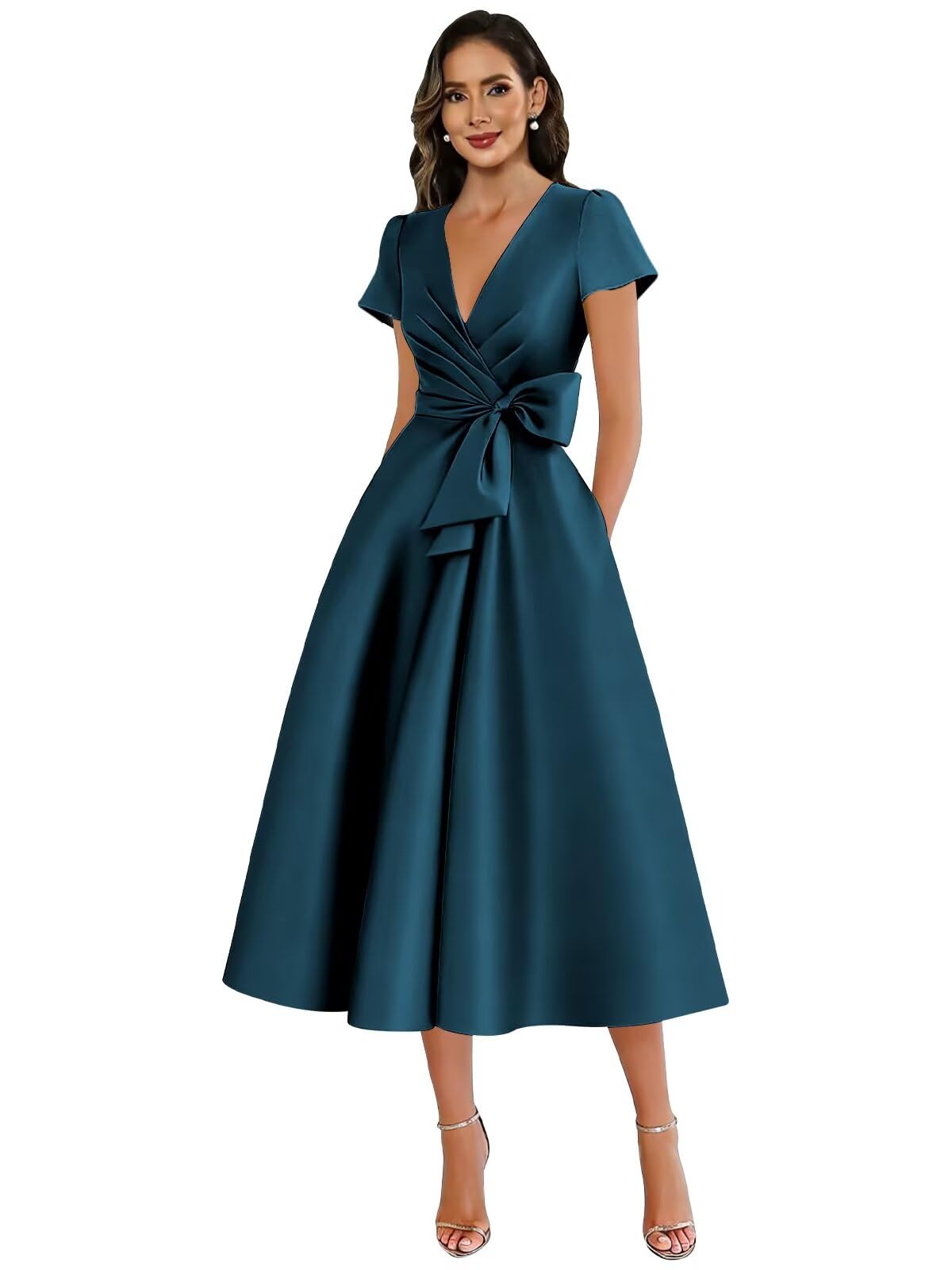 Satin Mother of The Bride Dresses for Wedding Short Sleeve Tea Length Formal Evening Gown with Pockets Peacock 18 Plus