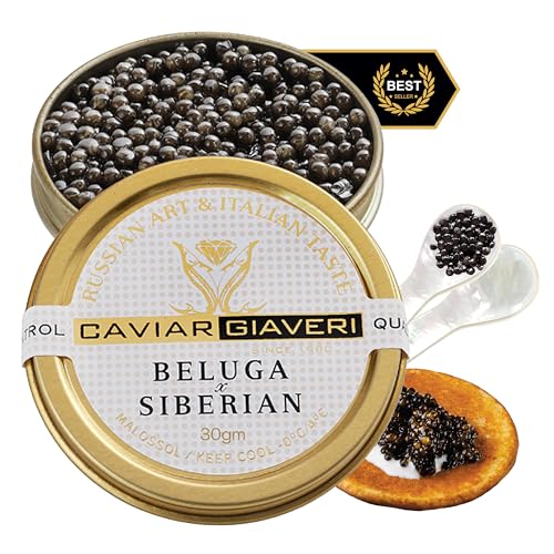 BESTER CAVIAR Royal Beluga Hybrid Sampler Set 1.05oz (30g) – Huso huso x Baerii Sturgeon Sampler Package – Caviar Serving Set with Mini Blinis (30 pcs), Mini Cooler, & 1 Spoon