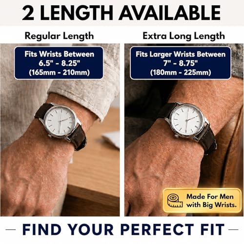 Image of Bandini Mens XL Extra Long Leather Watch Band or Regular Strap, Classic or Buffalo Pattern - 4 Colors, With or Without Stitch - 18mm 20mm 22mm 24mm 26mm 28mm 30mm Leather Watch Band for Men