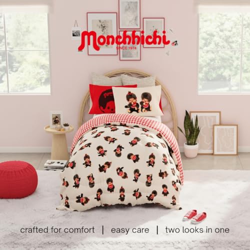 Image of Monchhichi Bedding 5 Piece Twin Bed Set, Soft Cozy Nostalgia Reversible Comforter and Sheet Set with Sham, Officially Licensed Product By Franco