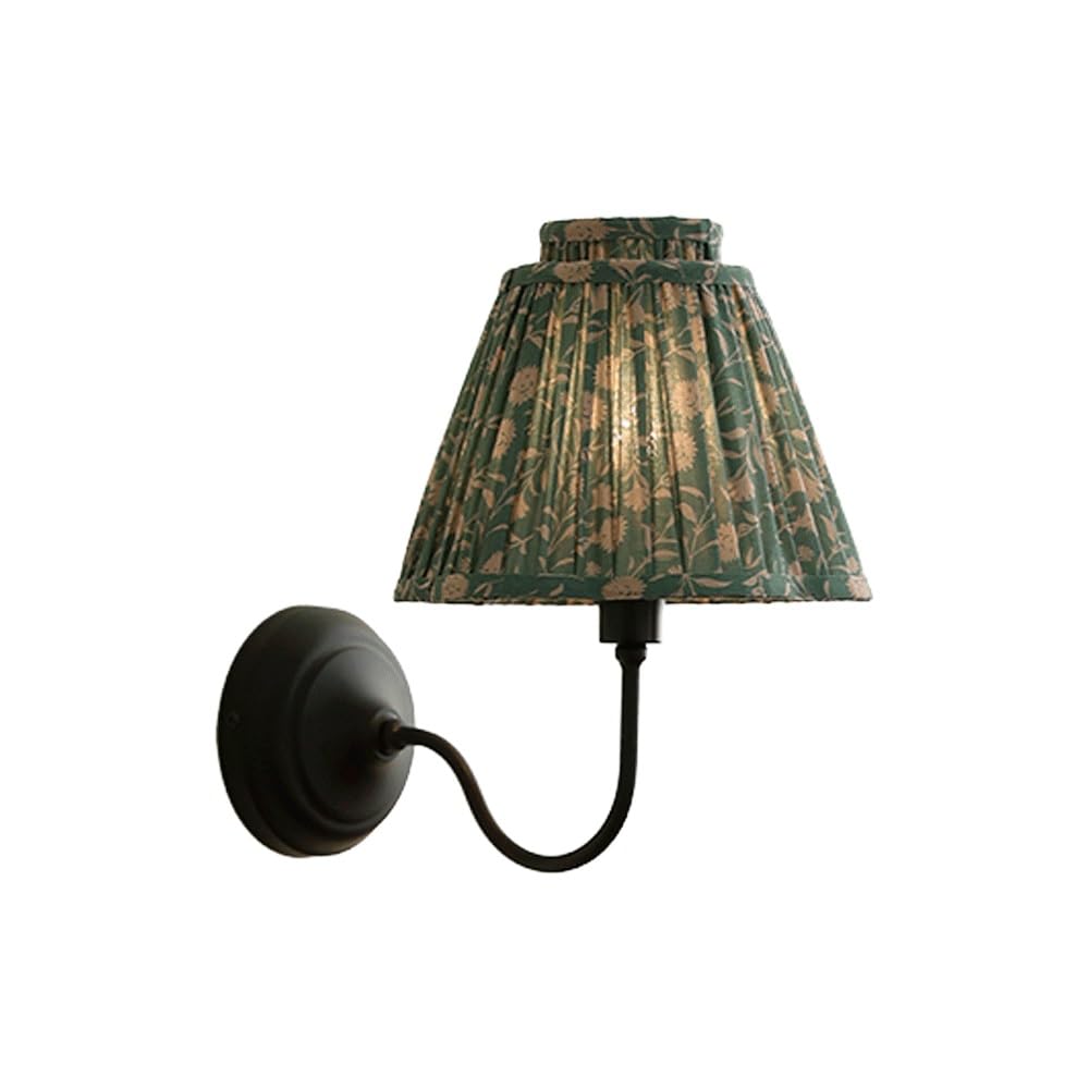 Kinkiet retro vintage, zielony kwiatowy plisowany klosz z tkaniny, czarne metalowe ramię i podstawa, dekoracyjne oświetlenie do sypialni, salonu, przedpokoju, wejścia. Bez zamka