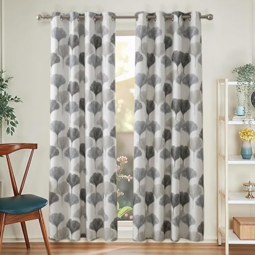 Image of HUTI 7 Feet Grey Door Curtain Set of 2 | Semi-Transparent Ginkgo Tree Printed Curtain | Soft Polyester Eyelet Door Curtains for Living Room & Bedroom 4x7 ft (120 x 213 cm) | Perfect for Home Decor