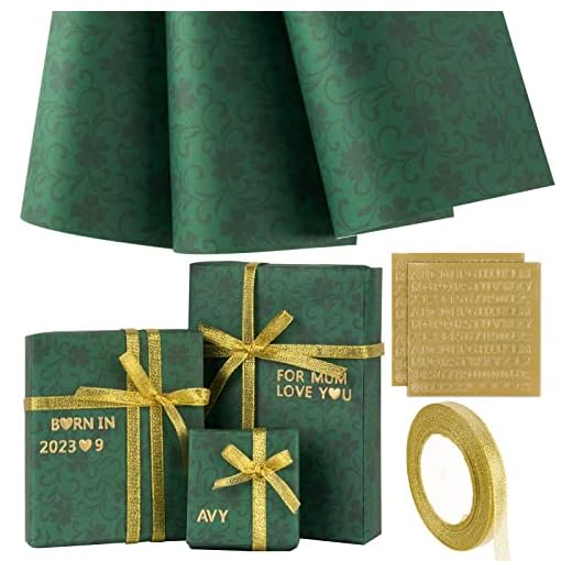 3 hojas Papel Regalo Verde 54×76cm con 2hojas Pegatinas de Letras y Números + 1 rollo Cinta de Satén Dorado Papel Navideño para Envolver Regalos