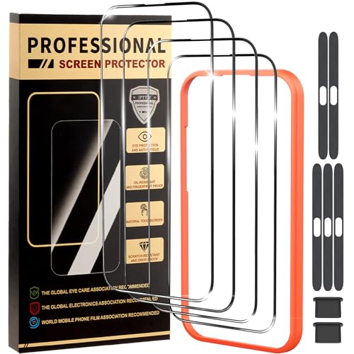 4 Pack for iPhone 15 Plus Screen Protector Tempered Glass for iPhone 14 16 Plus Optional with Install Frame,12FT Military Grade Protection, Drop Resistance Case Friendly