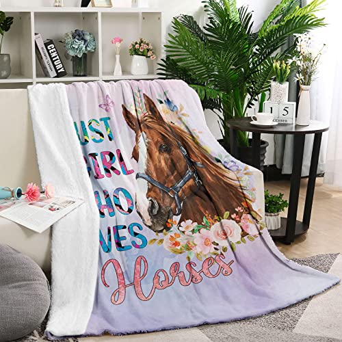Just a Girl Who Loves Horses Blanket for Girls Horse Flower Throw Blankets Gifts for Kids Light Pink Purple Warm Lightweight Flannel Fleece Blanket for Sofa Couch All Season 101cm x 127cm - Image 2