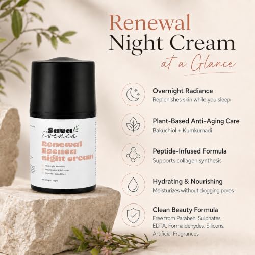 Image of Anti Aging Renewal Night Cream with Bakuchiol, Peptides & Kumikamud, Plant-Based Overnight Face Moisturizer for Radiant, Smooth & Hydrated Skin, Fine Lines & Wrinkle Care, All Skin Types, 50 g