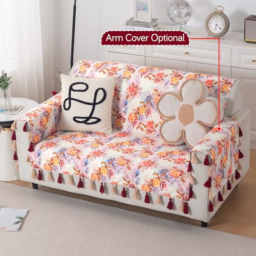 Image of HOKIPO Printed Holland Velvet Sofa Cover with Tassels for 2 Seater Sofa | Full Protection for Sofa Seat and Back | 'Whispers of Nature' (160x120 cm), Vintage Rose Bloom (IN-1126-D12)