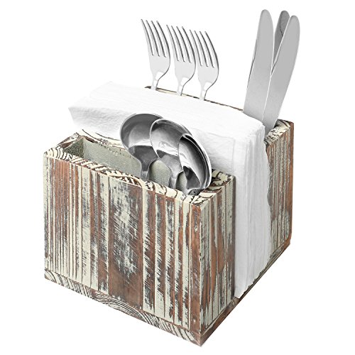 MyGift Rustic Solid Torched Wood Napkin Holder and Utensil Holder with 3 Compartments, Buffet Napkin and Flatware Holder Caddy
