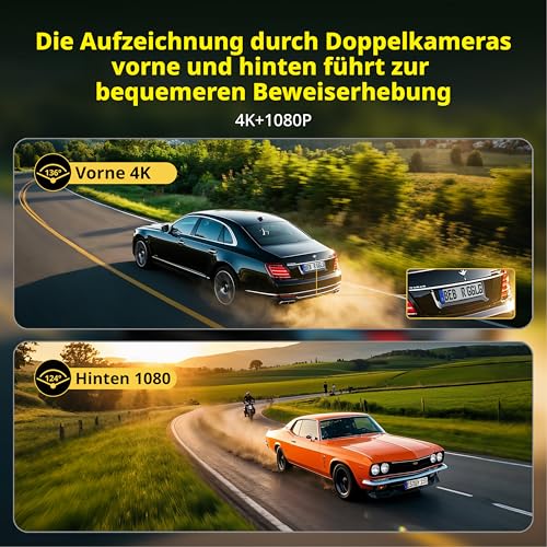 Hikvision Dashcam Auto Vorne Hinten, 4K+1080P Dash Cam mit GPS WiFi, 2,45' IPS-Touch Screen mit 64GB...