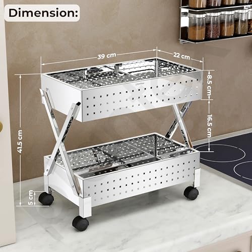 Image of Plantex 2-Tier Vegetable Stand /Onion Potato Rack for Kitchen Trolley /Vegetable Organizer Rack /Stainless Steel Space Saving Organizer Basket Stand /Heavy Duty Rolling Utility Cart-(Chrome)