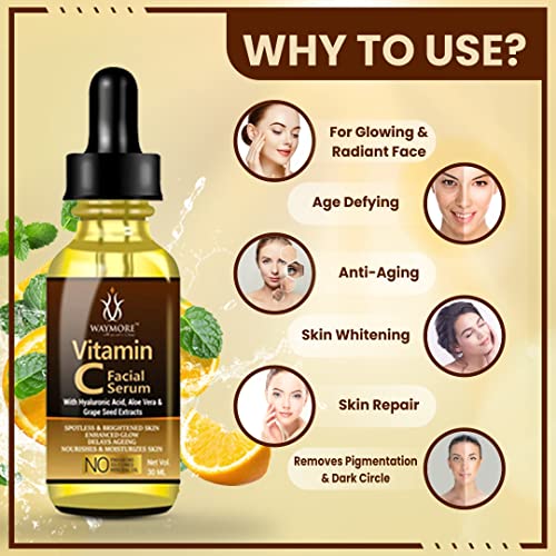 Image of WAYMORE 15% Vitamin C Face Serum for Glowing Skin | Purest Vitamin C (L-Ascorbic Acid) with Vitamin E | Moisturizing Serum for Sensitive Skin | All Skin Types | Face Serum for Men & Women | 30 ml