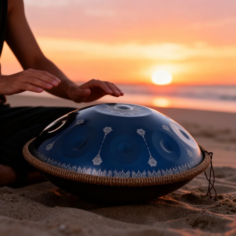 Schlaginstrument, 440 Hz, Durchmesser 56 cm, Stahlzungentrommel, D-Moll, 10 Noten, Handpan-Trommel mit Mandala-Muster (Blau mit Mandala-Muster)