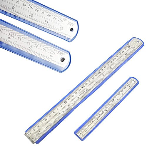 3PCS Stainless Steel Office Ruler Set Straight Edge Measuring Tool 12 Inch & 8 Inch & 6 Inch Metric and Imperial Precision Metal Rulers Kit for Engineering & Teaching & Office