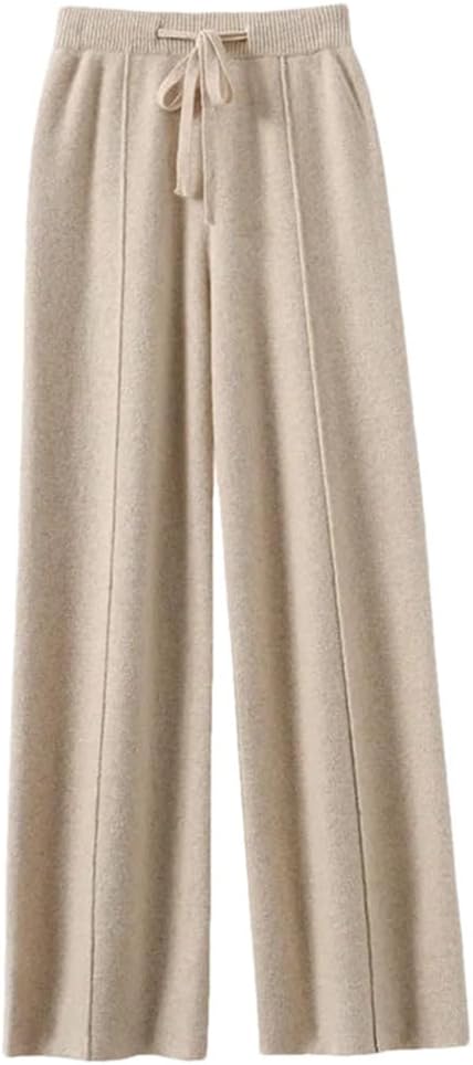 Women's Cashmere Blend Winter Pants Knitted Wool Wide-Leg Trousers Elastic Waist Drawstring