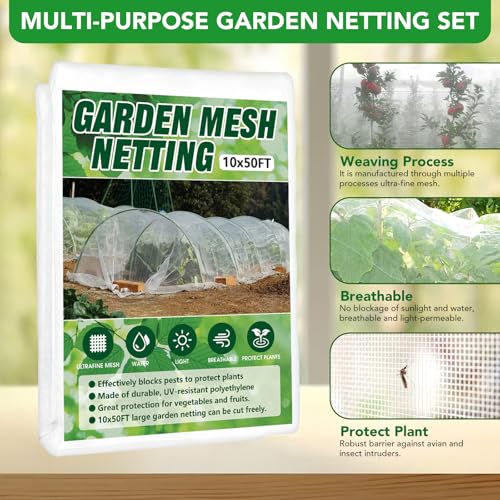 Garden Netting Kit for Raised Beds, 10x50FT Ultra Fine Mesh Netting ＆6 Sets Fiberglass Garden Hoops, Insect Netting for Garden Plant Row Cover Vegetable Flowers Protection Barrier